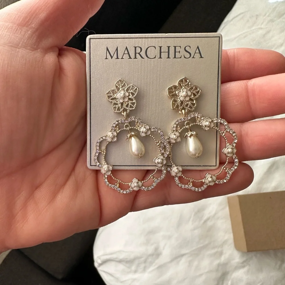 GoldTone Mother of Pearl, Imitation Pearl & Crystal Flower Orbital Drop Earrings - Picture 1 of 6
